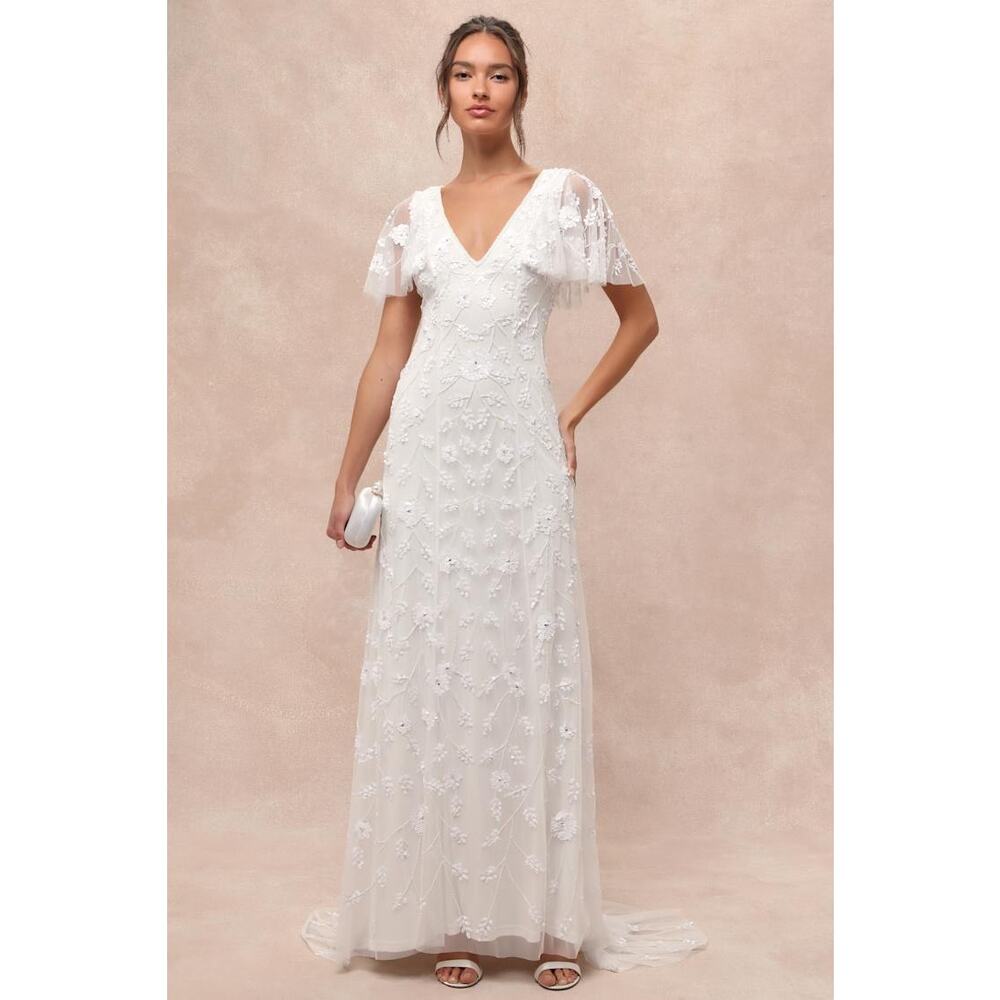 NWT Lulus Safiya White Sequin Flutter Sleeve Maxi… - image 4